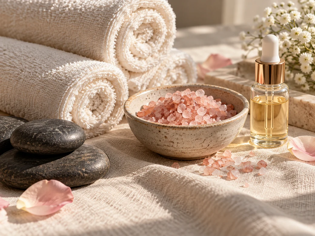 Folded spa towels, bath salts and massage stones