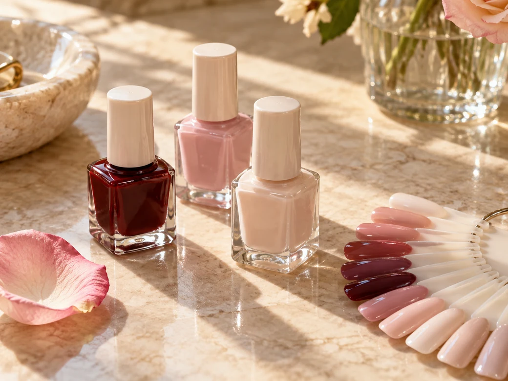 Rose and nude polish colors on a salon table